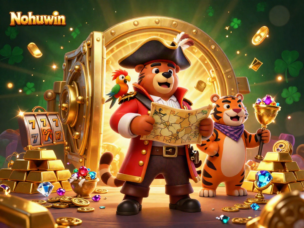 Nohuwin online casino illustration featuring a pirate bear and tiger captain amid treasures and jackpots.
