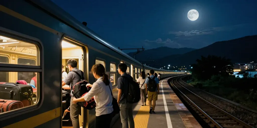 Nachtzug Tickets: Reisende steigen in den Nachtzug ein, um Abenteuer zu erleben.