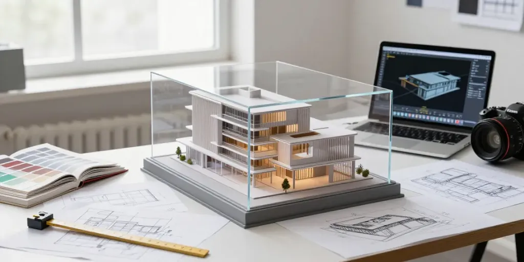 Fassadenmodell in modernem Architekturstudio mit Detailansicht der Materialien und Umgebung.