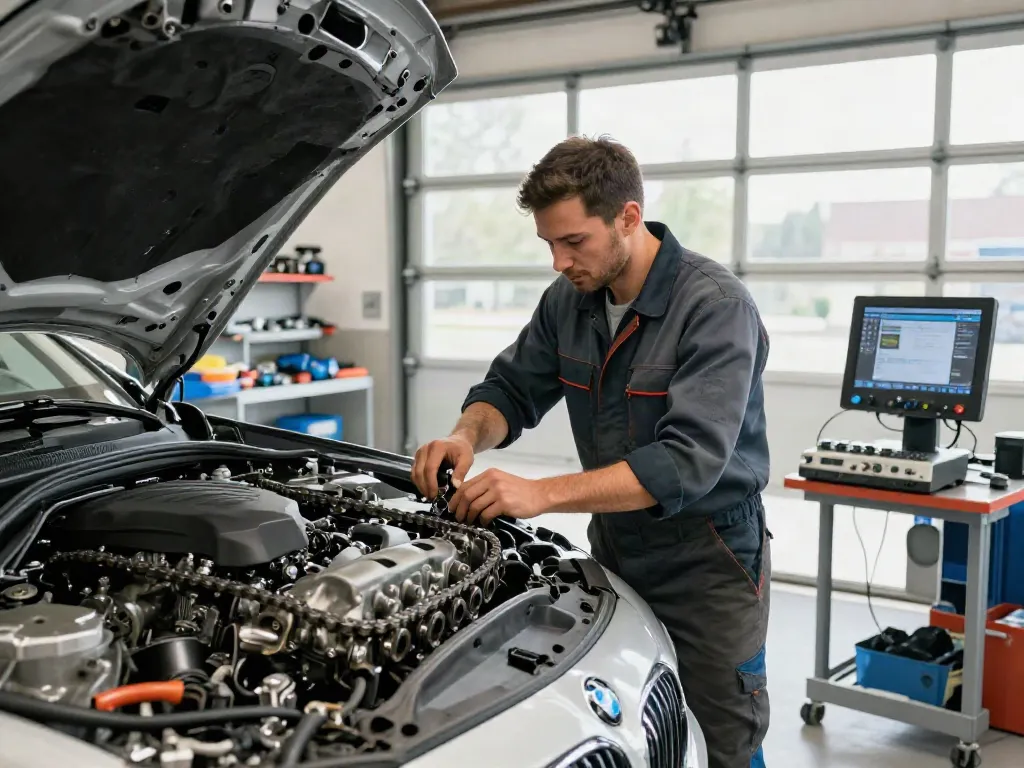 Mechaniker wechselt die Steuerkette in Hannover für BMW mit modernem Equipment.