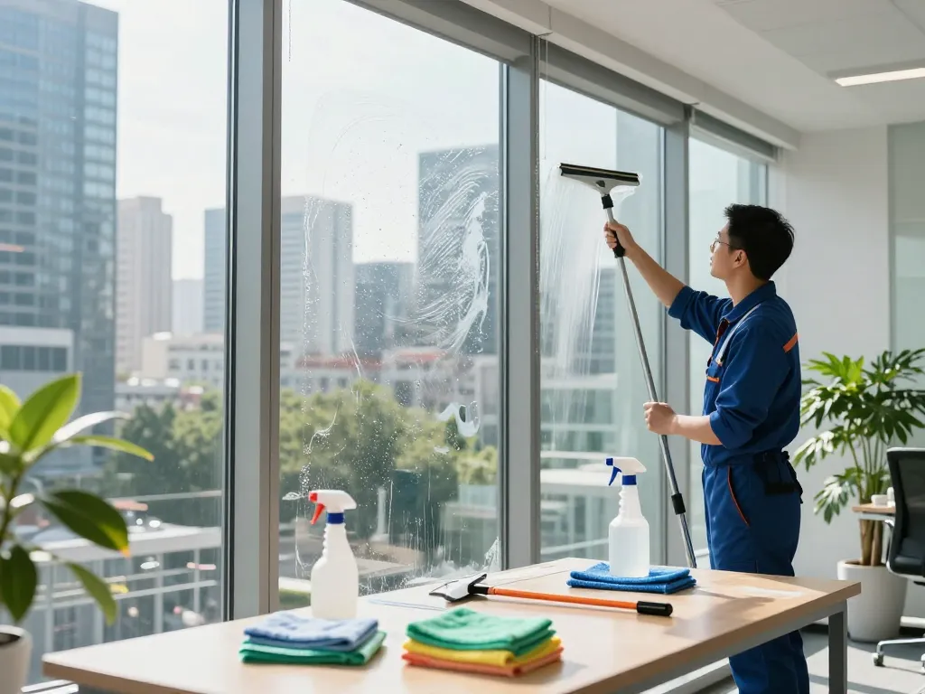Reinigungsservice für Glasflächen in Münster durch professionellen Techniker, der große Fenster mit umweltfreundlichen Lösungen reinigt.