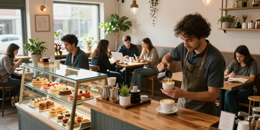 Inviting café atmosphere with patrons enjoying coffee at rokok88.