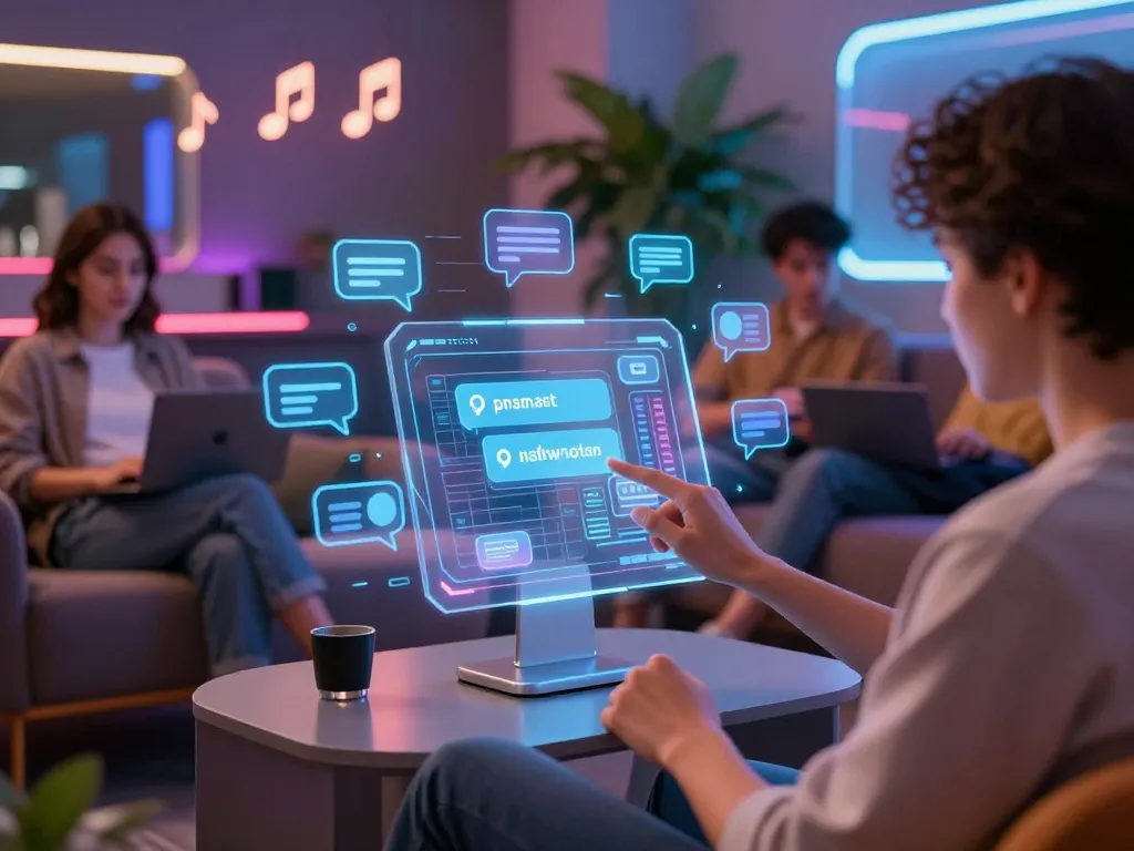 Interactive scene with a person using an nsfw chat bot in a modern lounge setting, showcasing digital engagement.