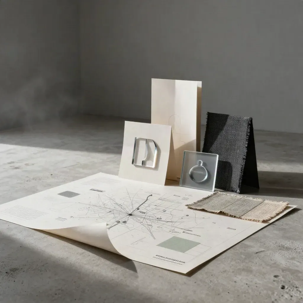 Papiermodelle, Acrylsymbole und Branding-Mockups auf hellem Beton im Morgennebel