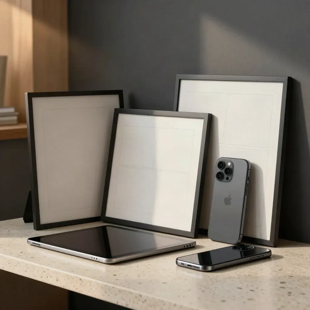 Analoge UX-Materialien mit Wireframe-Karten, Tablet und Smartphone-Gehäuse auf Travertin.