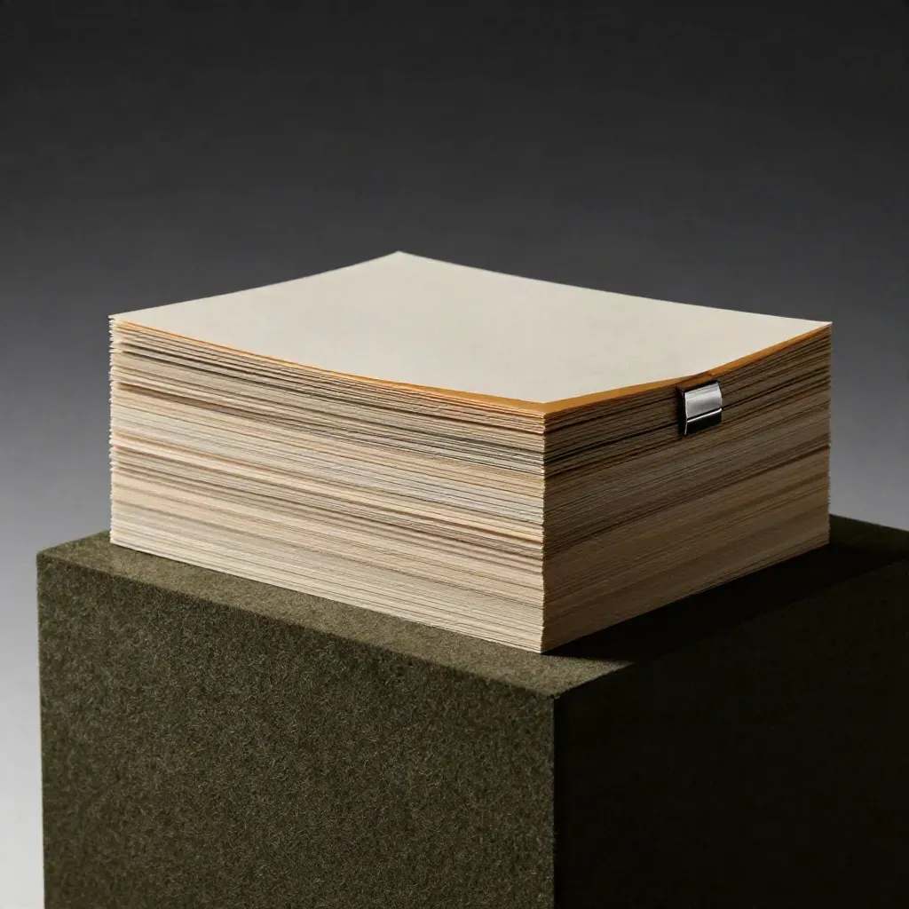 Gestapelte Pitch-Deck-Boards mit transparenter Folie und Metallclip in warmem Streiflicht.