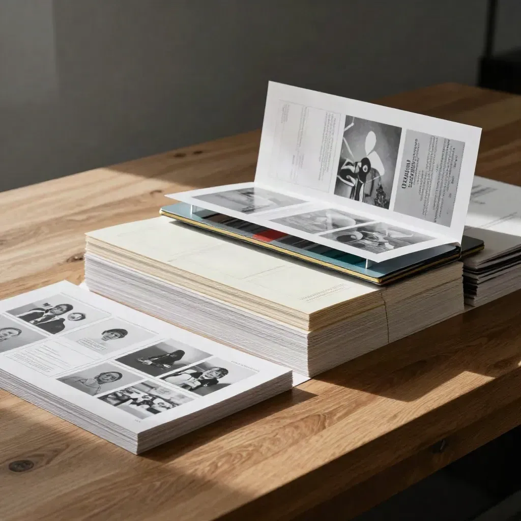 Gestaffelte Design-Vorlagen, Printproben und Slide-Boards im Studio-Setup.