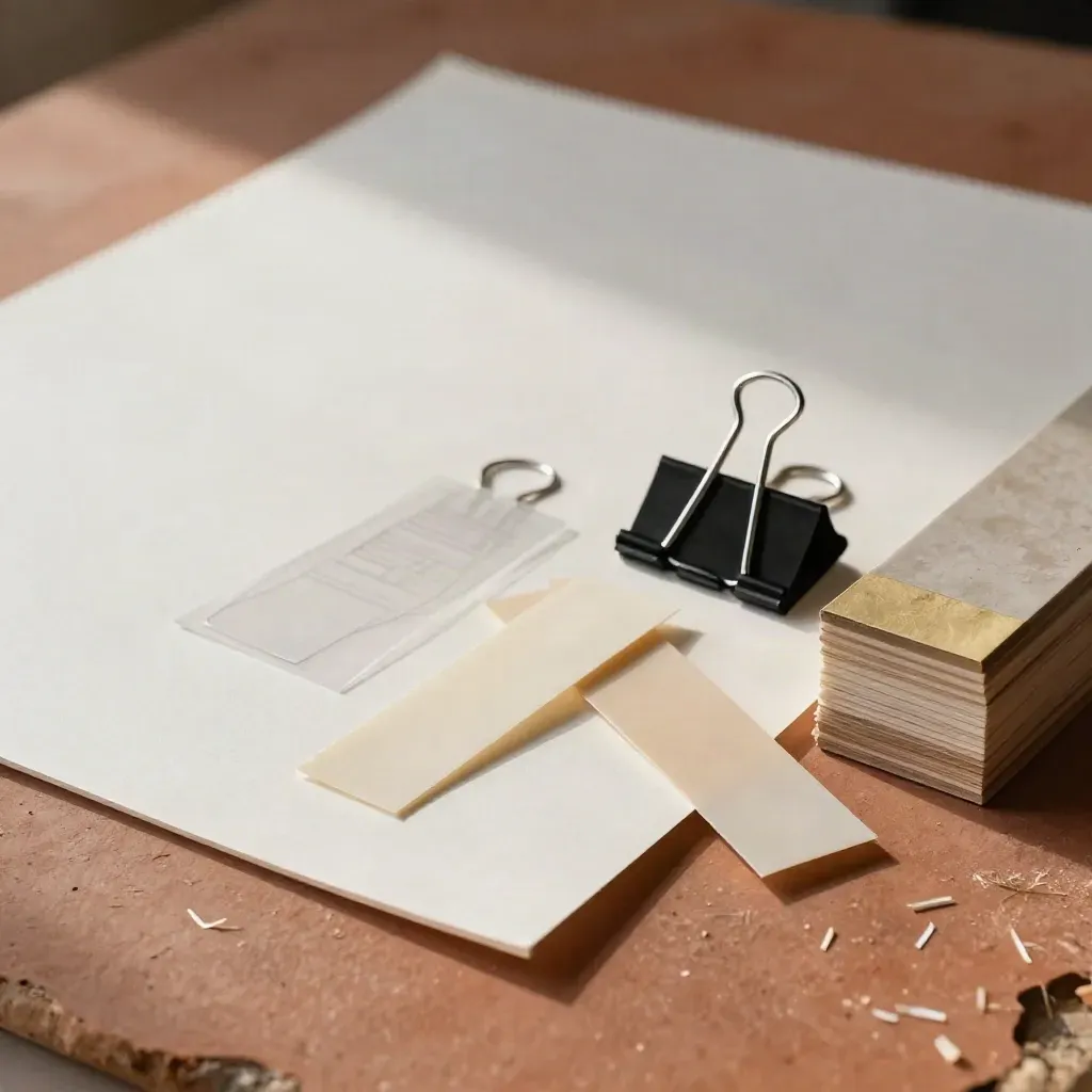 Papierflächen, Klemmen und Materialstreifen als Art-Direction-Stillleben auf Terrakotta.