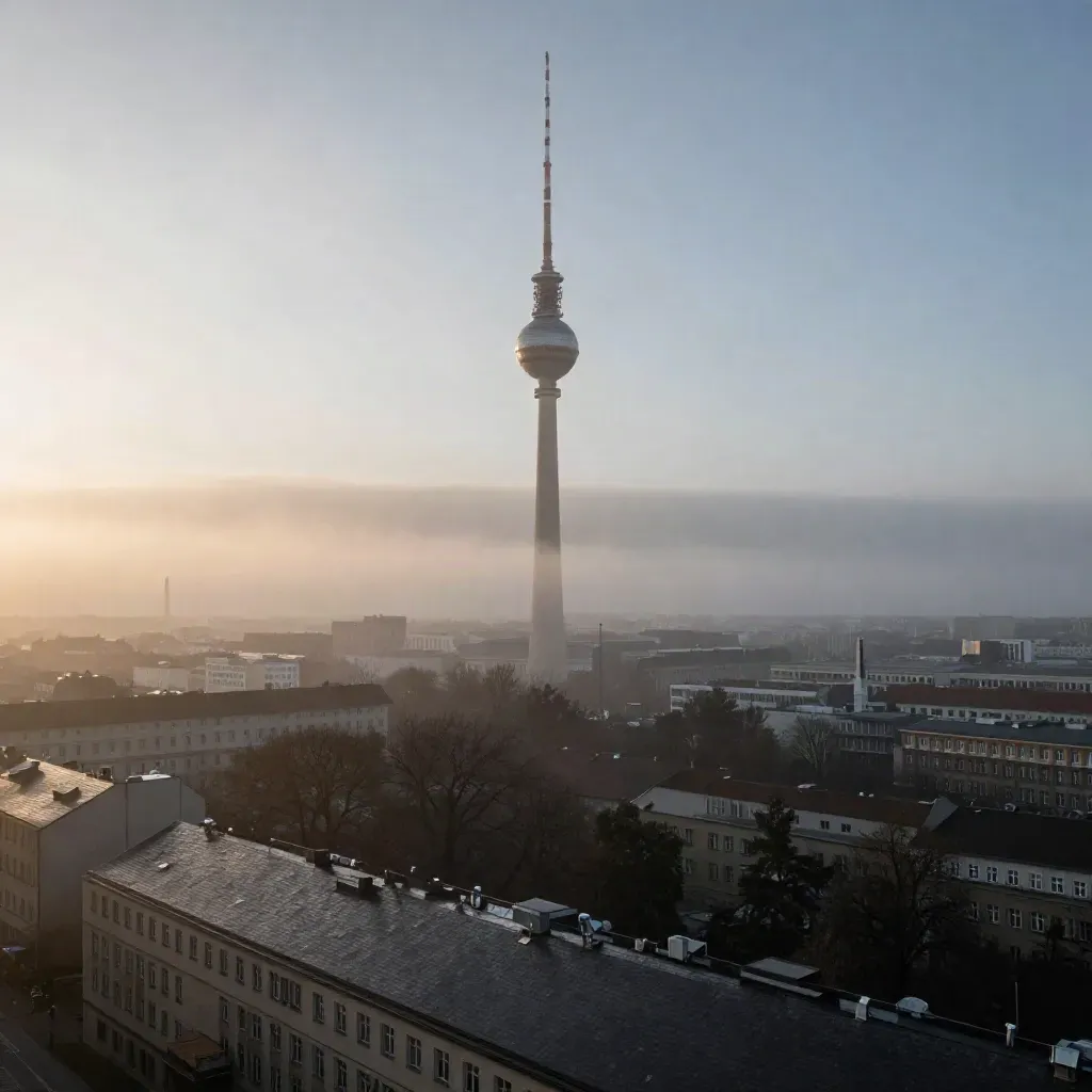 Berliner Fernsehturm früh im Morgennebel über ruhigen, feuchten Dächern und Baumkronen.