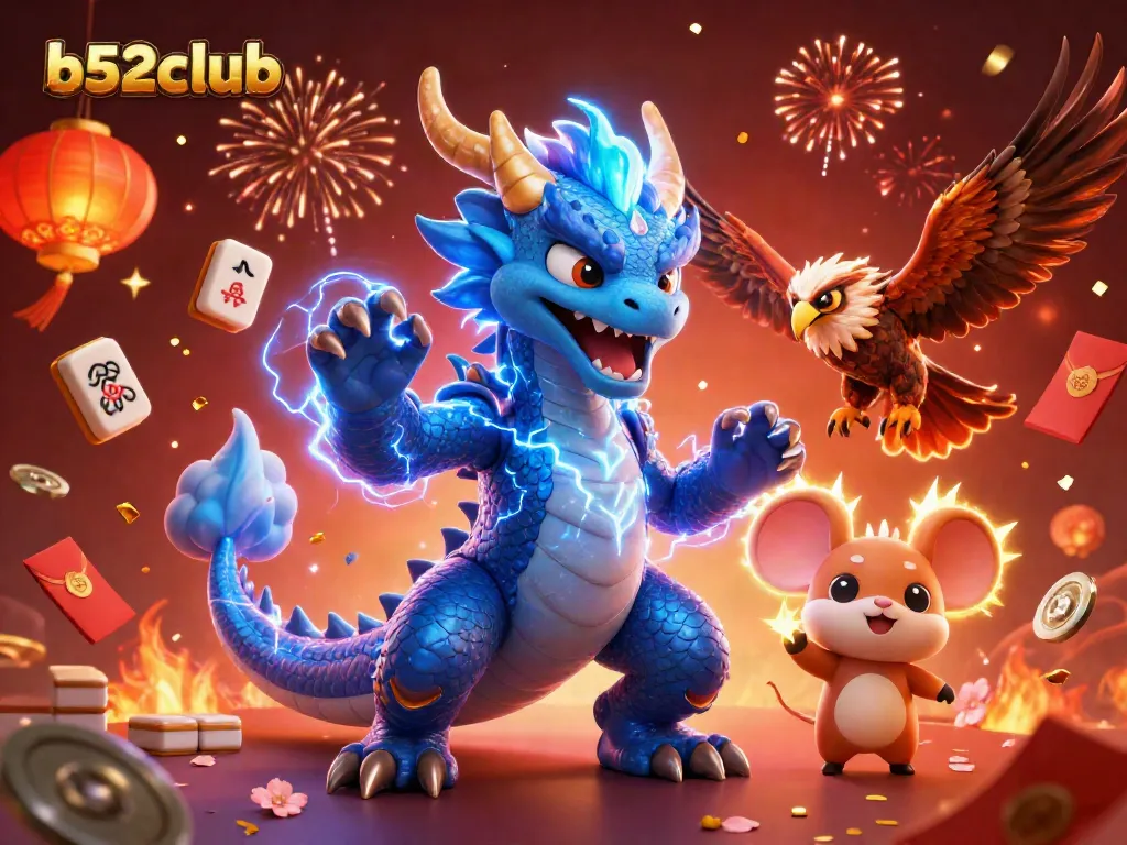 Play thrilling games at b52club surrounded by magical characters and energetic casino elements.