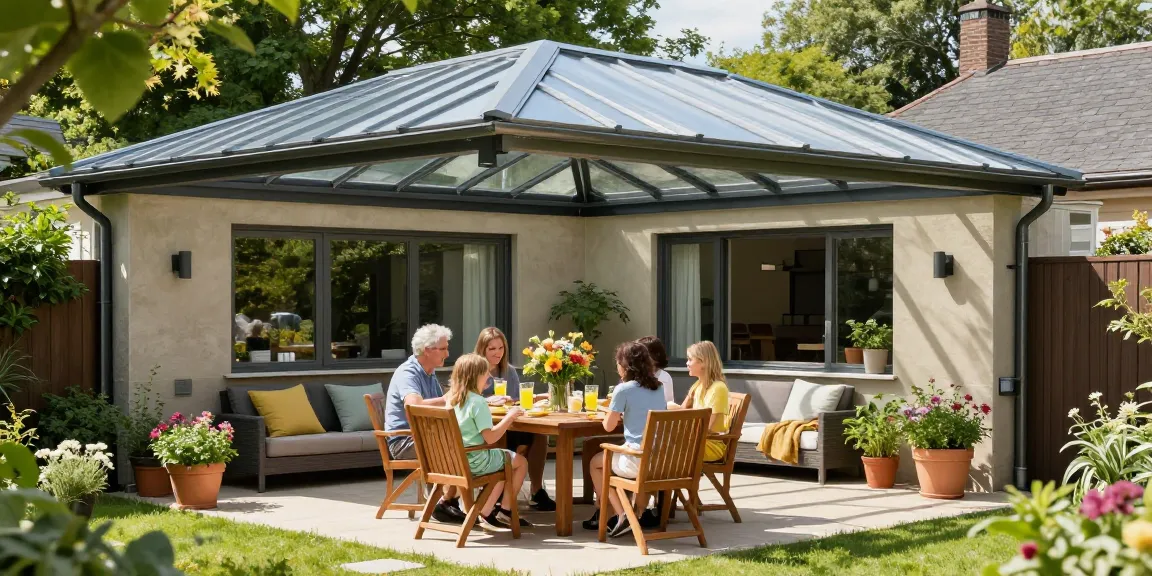 Gemütliche Terrasse mit Terrassenüberdachungen für entspannte Essensmomente im Freien.