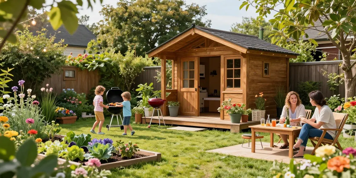 Gartenhaus kaufen in einem malerischen Garten mit Familie, Blumen und Spielzeug im Hintergrund.
