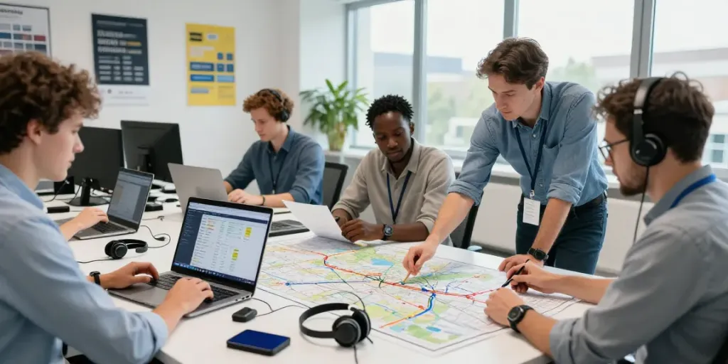 Transportfirma in Bielefeld: Logistikexperten bei der Planung internationaler Transporte.