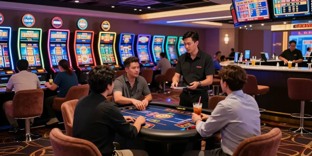 Engaging online gambling scene at https://nbet.page/ with players at colorful gaming tables and vibrant slot machines.