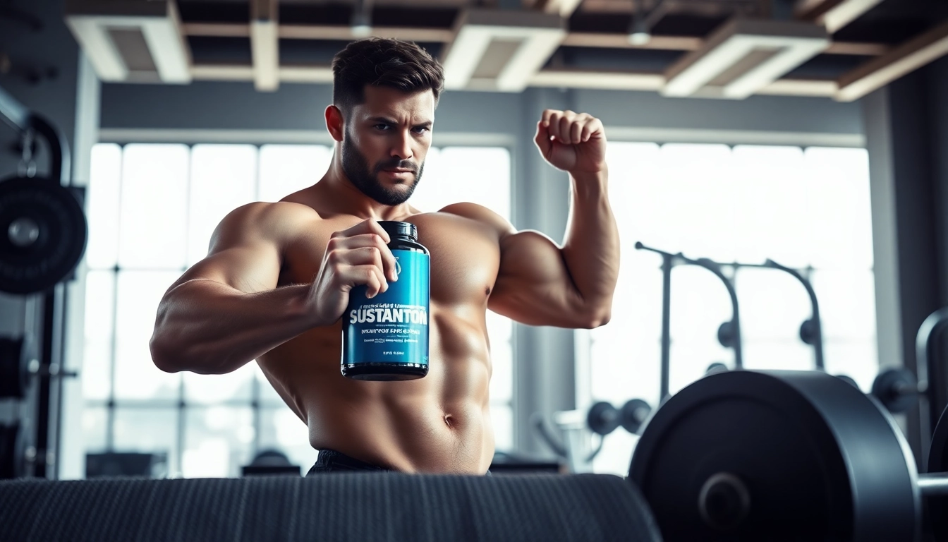 Halten Sie eine Flasche Sustanon kaufen in der Hand, während Sie im Fitnessstudio trainieren.