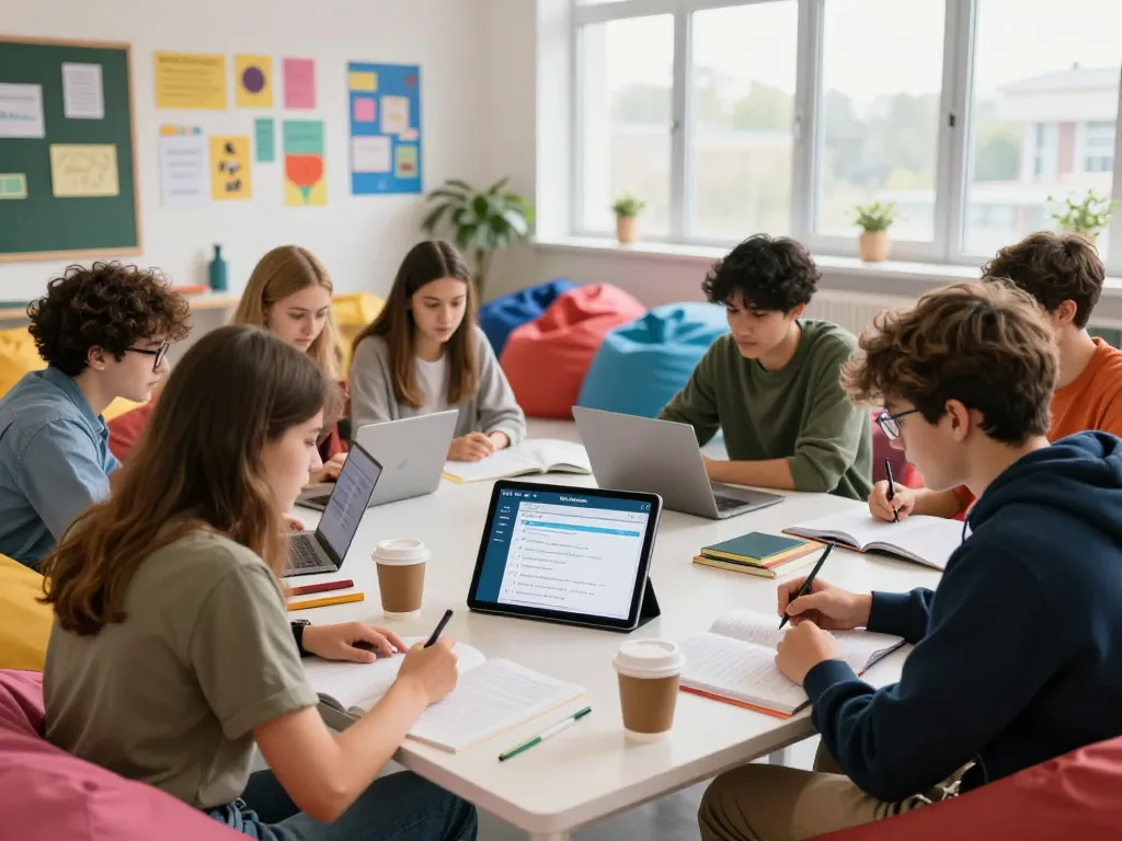 Studierende nutzen Hausaufgaben KI für gemeinsame Lösungen in einem lebhaften Lernraum.