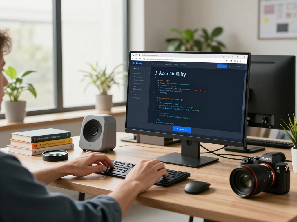 Creating barrierefreie und rechtssichere Webseiten Dienstleistung with developer optimizing code for accessibility.