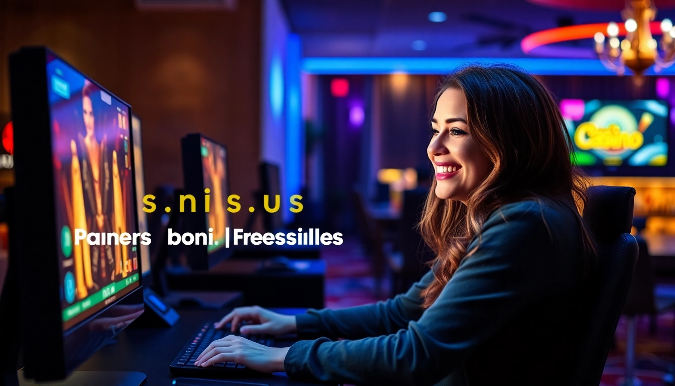 Nutzen Sie den frei casino bonus mit einer glücklichen Person, die an einem Computer Casino-Spiele spielt, während sie Freispiele genießt.