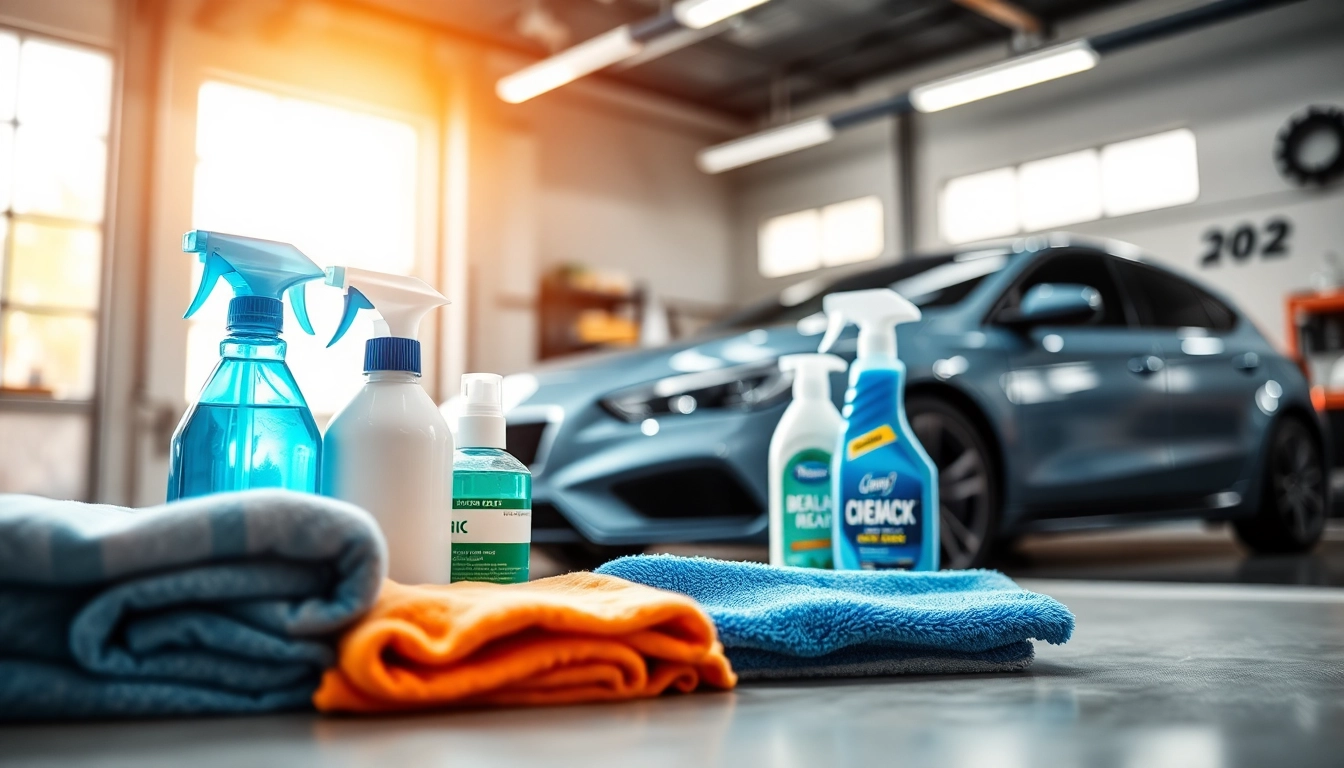 Autopflege Shop mit hochwertigen Reinigungsprodukten und einem glänzenden Fahrzeug im Hintergrund.
