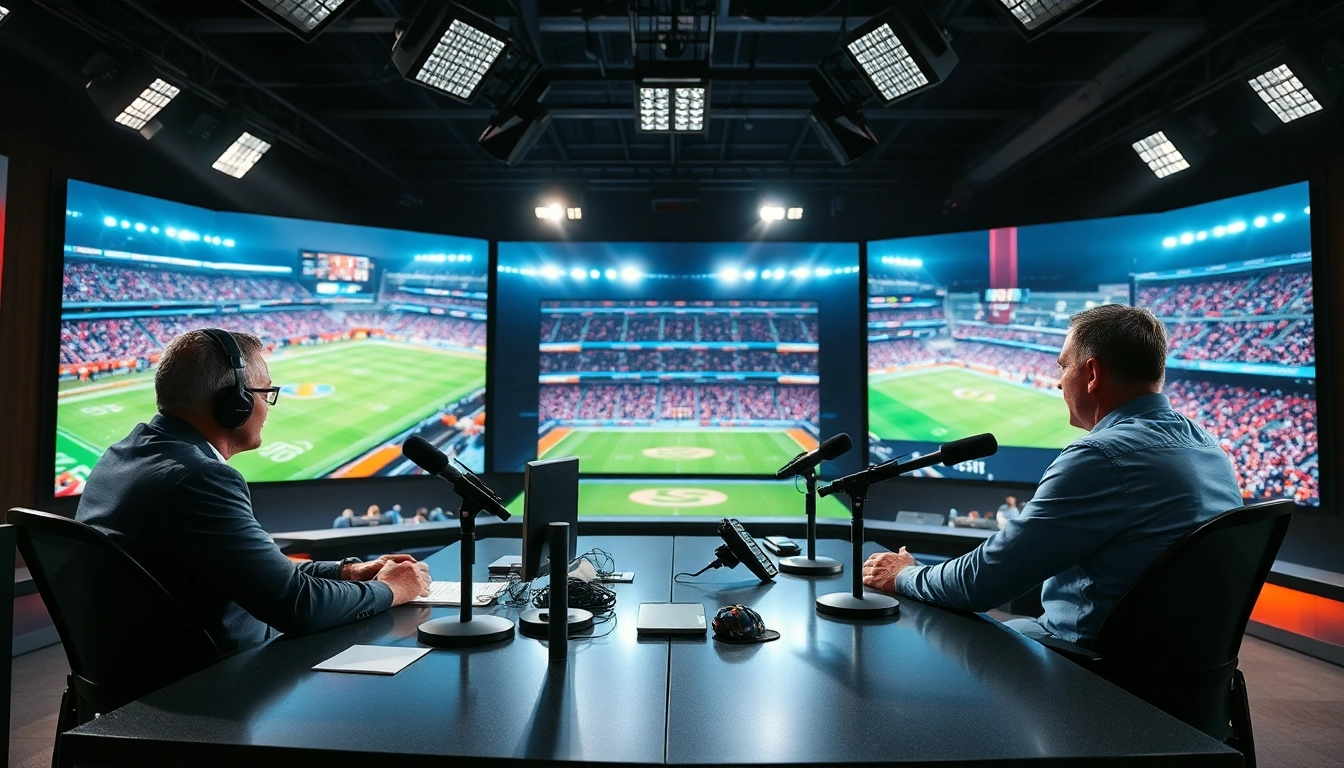 View of a sports broadcasting studio with broadcasters engaging, showcasing Sports Broadcasting dynamics.