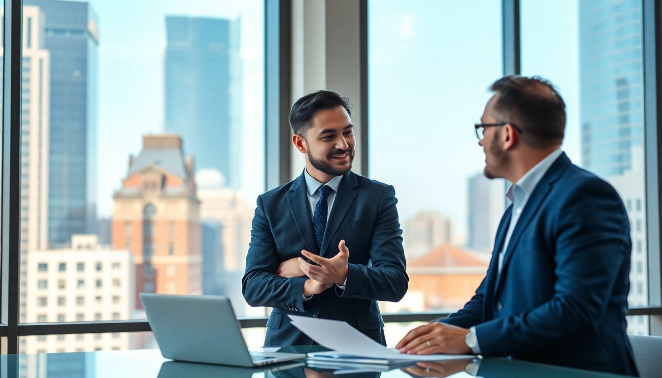 Headhunter Ingenieure beraten kliente in einer modernen Büroumgebung mit einer Stadtansicht.