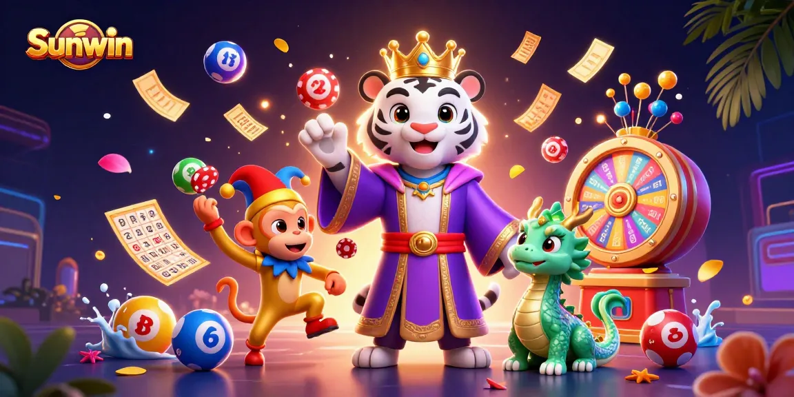 Sunwin's exciting gaming scene featuring a royal tiger, a playful monkey, and vibrant casino elements.