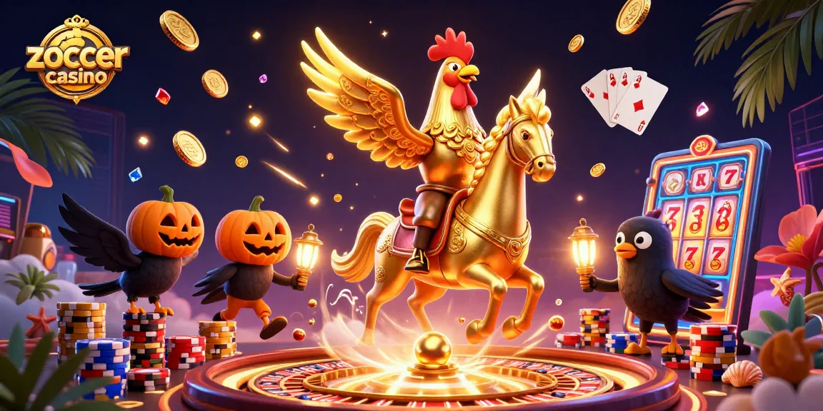 Zoccer casino features a golden rooster in a casino scene, surrounded by shimmering coins and dynamic game elements.