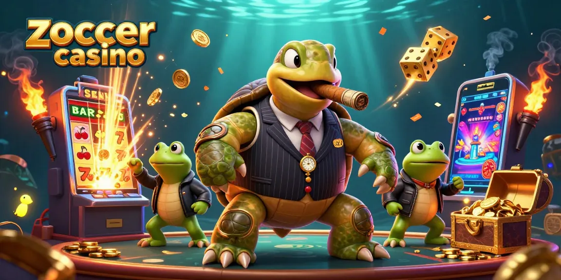 Zoccer casino experience with a lively cartoon turtle and bullfrogs amidst exciting slot machine action.