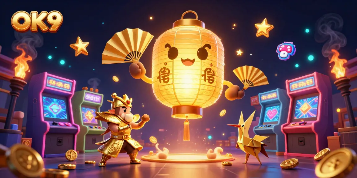 Engage with the dynamic gaming world of OK9 featuring golden lantern spirit and arcade elements.
