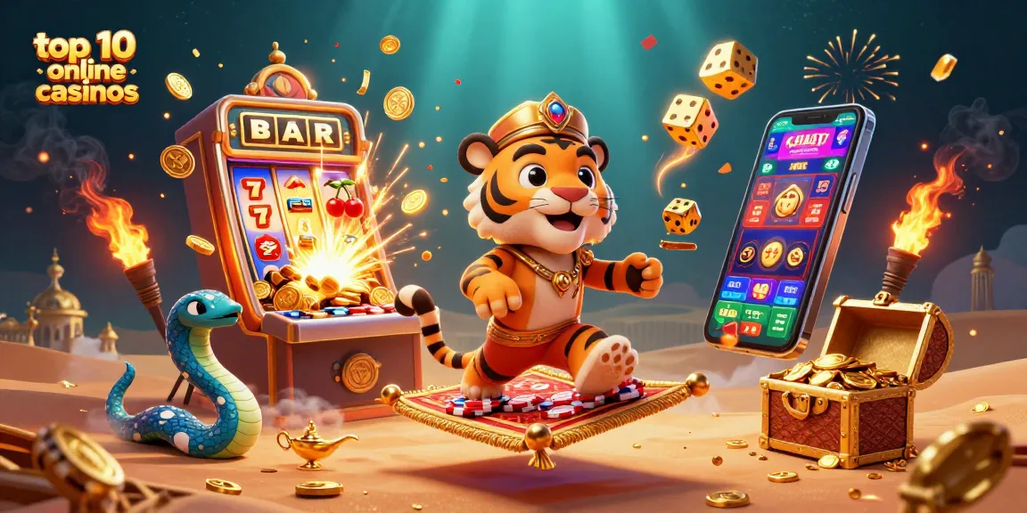 Experience excitement with the colorful 3D casino scene showcasing top 10 online casinos with vibrant gambling elements!