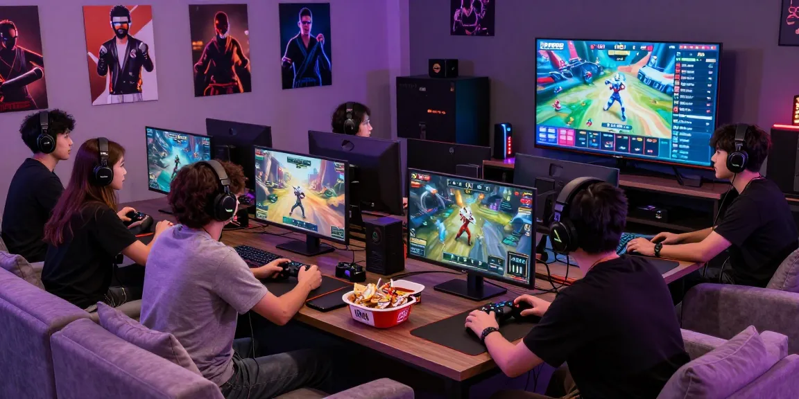 Players enjoying competitive gaming on FAFA828 platform, vibrant atmosphere with screens and snacks.