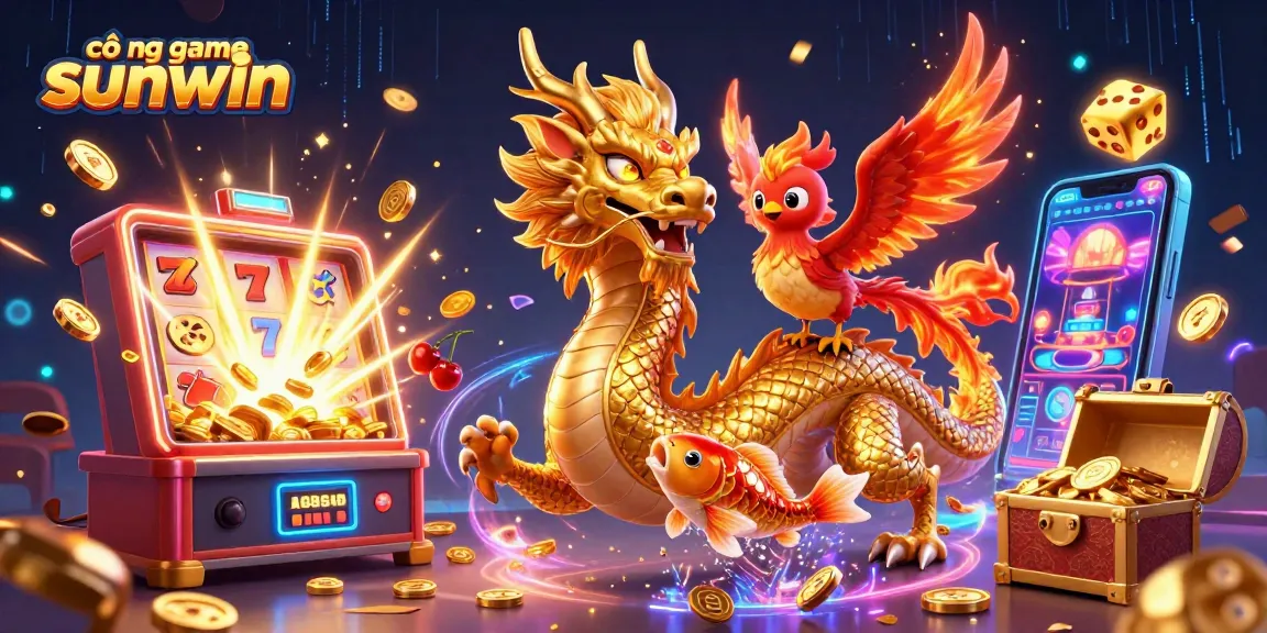 Cổng game sunwin illustration showcasing a vibrant casino theme with a dragon, phoenix, and koi fish.