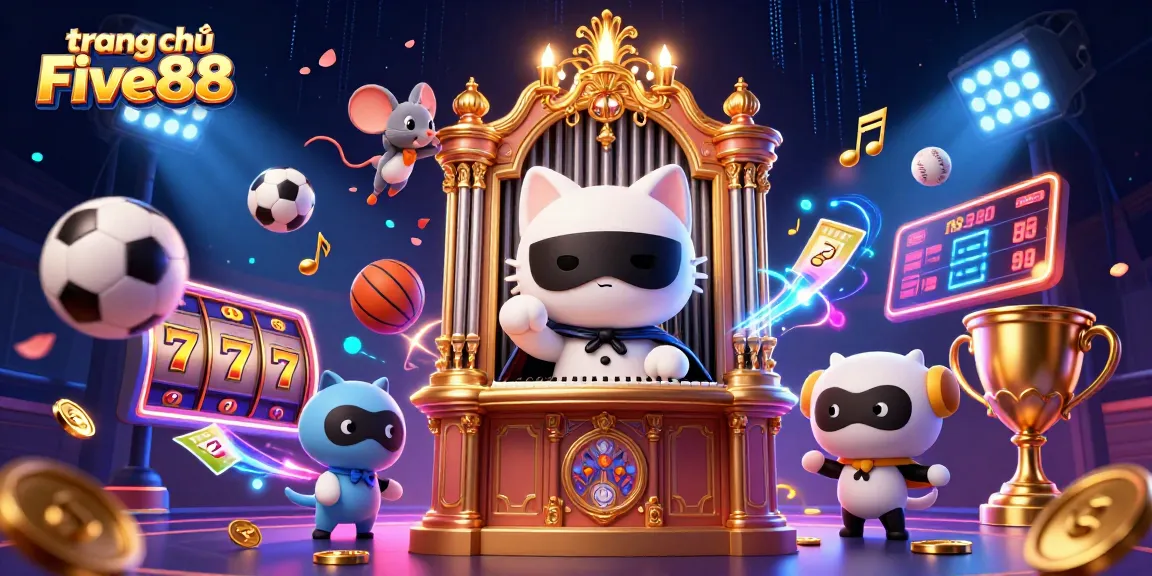Experience the excitement of trang chủ Five88 with vibrant 3D casino illustration showcasing slots and sports.